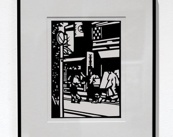 Hand made papercut artwork. A3 poster limited edition paper cutting, Japanese geishas tokyo scene urban artwork japan paper stencil