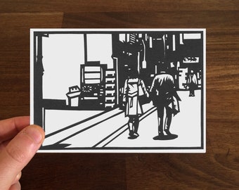 Hand Cut Paper Postcard with Envelope. Based on my Original Fine Art Paper-cut of Tokyo, Japan. Open Edition Postcard Sized Blank on Reverse