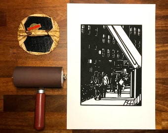 Linocut A4 print. 'Pedestrians' Edinburgh street landscape, limited edition hand made lino print cityscape. Printed on recycled eco paper
