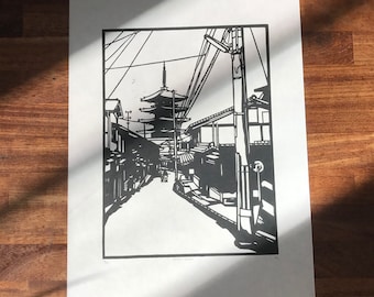 Linocut print Yasaka Pagoda, Kyoto, Japan. Limited edition of 40 lino relief prints on handmade Japanese Hosho paper.