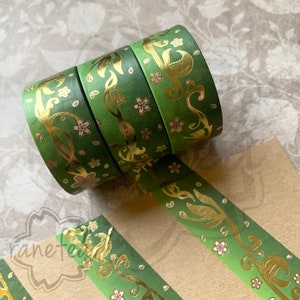 Elegant Art Nouveau Sakura Washi Tape Green Gold Foil 2.5cm x 5m Great for journaling, scrapbooking, arts & crafts, gifts and more image 1