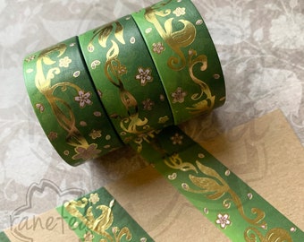 Elegant Art Nouveau Sakura Washi Tape - Green | Gold Foil | 2.5cm x 5m | Great for journaling, scrapbooking, arts & crafts, gifts and more!