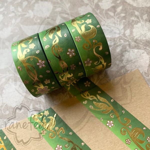 Elegant Art Nouveau Sakura Washi Tape - Green | Gold Foil | 2.5cm x 5m | Great for journaling, scrapbooking, arts & crafts, gifts and more!