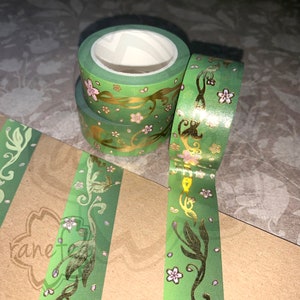 Elegant Art Nouveau Sakura Washi Tape Green Gold Foil 2.5cm x 5m Great for journaling, scrapbooking, arts & crafts, gifts and more image 4