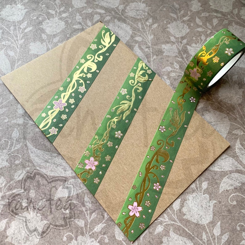 Elegant Art Nouveau Sakura Washi Tape Green Gold Foil 2.5cm x 5m Great for journaling, scrapbooking, arts & crafts, gifts and more image 2
