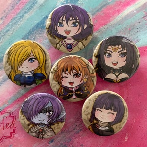 May include: Six round buttons with different anime characters on them. The characters are all female and have different hair colors and styles. The buttons are all on a pink and blue background.
