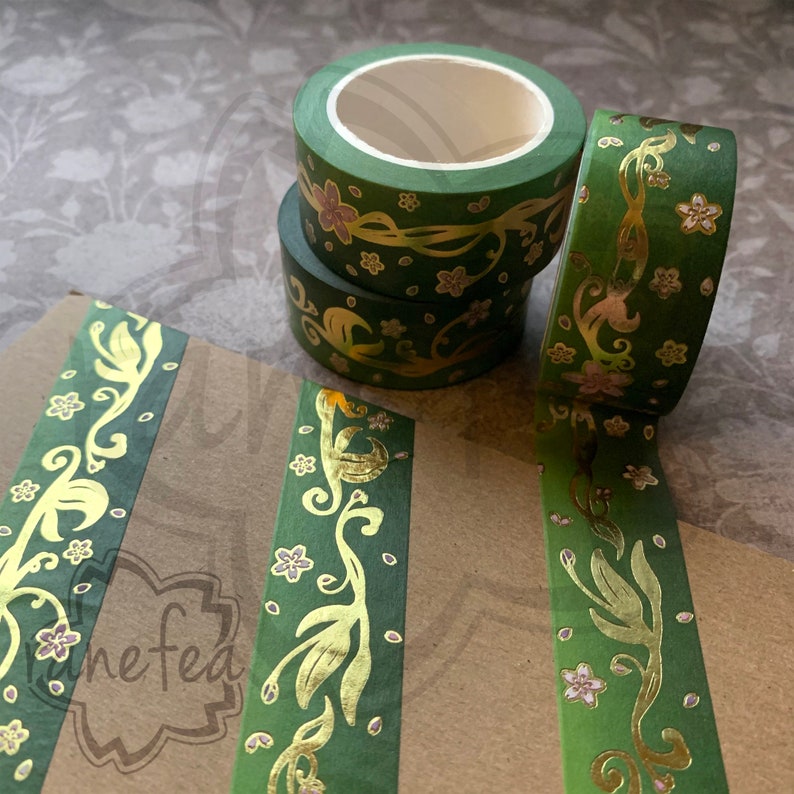 Elegant Art Nouveau Sakura Washi Tape Green Gold Foil 2.5cm x 5m Great for journaling, scrapbooking, arts & crafts, gifts and more image 3