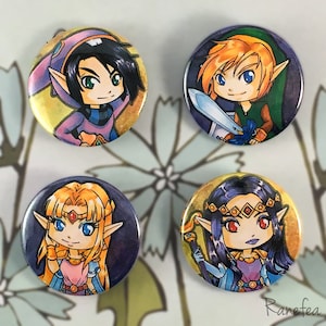 May include: Four round button pins featuring cartoon characters from the Legend of Zelda video game series. The characters are Link, Zelda, Sheik, and Saria. The pins are colorful and have a glossy finish.