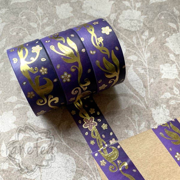 Elegant Art Nouveau Sakura Washi Tape - Purple | Gold Foil | 2.5cm x 5m | Great for journaling, scrapbooking, arts & crafts, gifts and more!