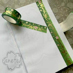 Elegant Art Nouveau Sakura Washi Tape Green Gold Foil 2.5cm x 5m Great for journaling, scrapbooking, arts & crafts, gifts and more image 5