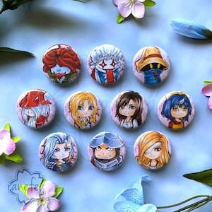 May include: Nine round pins with colorful illustrations of characters from a video game. The pins feature a variety of characters, including a knight, a mage, and a warrior. The pins are all in a circular shape and have a shiny finish.