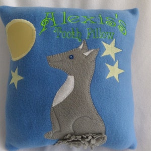 The wolf is watching the pocket moon to see when the tooth fairy will come. The glow in the dark stars and moon outline helps him to see. image 1