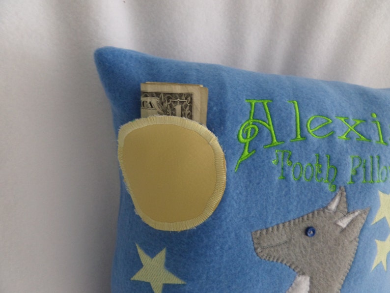 The wolf is watching the pocket moon to see when the tooth fairy will come. The glow in the dark stars and moon outline helps him to see. image 4