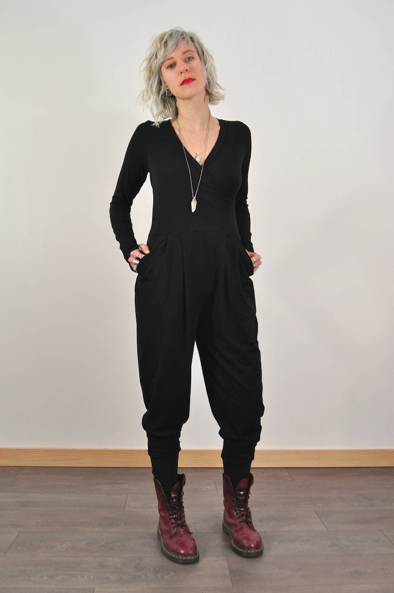 Long Sleeve Onesie Wrap Top Black Jumpsuit Black Onesie Etsy