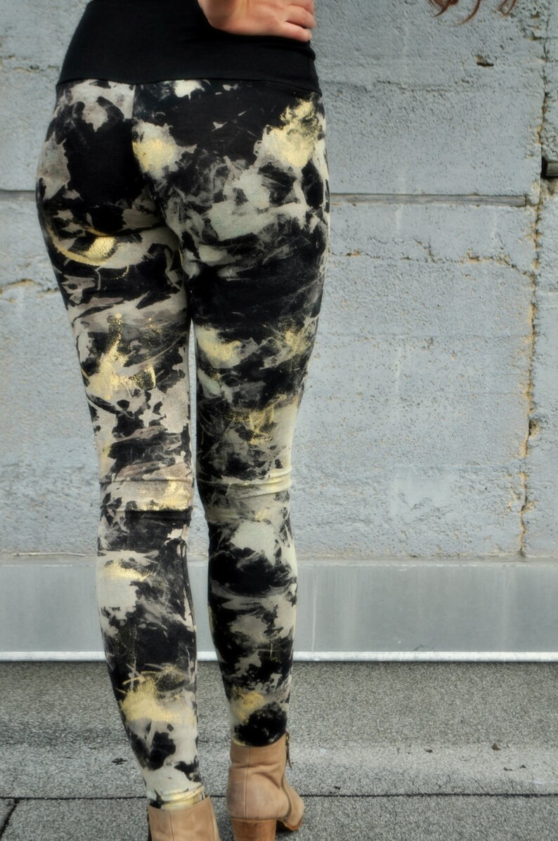 Black and Gold Tights Black Leggings Distressed Leggings Etsy