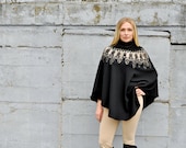 Hooded Poncho, Feather Print, Bamboo Fleece, Black Hooded Poncho, Oversized Hood, Giant Hood, Ceremony, Festival Wear, Black Poncho