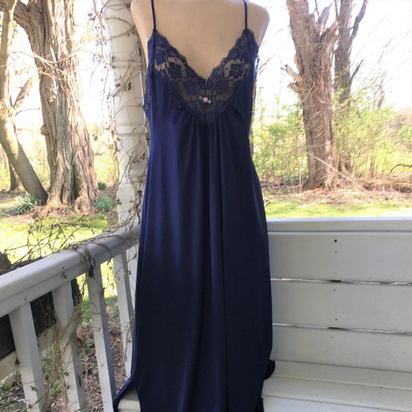 Vintage Lorraine Royal Blue Lace Nightgown.  Size Medium.  Blue Satin Lingerie.  Women's Sleepwear.  Mother's Day