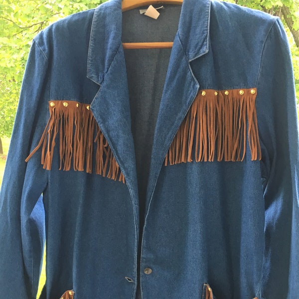 Vintage Blue Jean Jacket. Women's Western Style Blazer. Denim Jacket. Fringe Jacket. Cowboy Denim Coat. Size Large