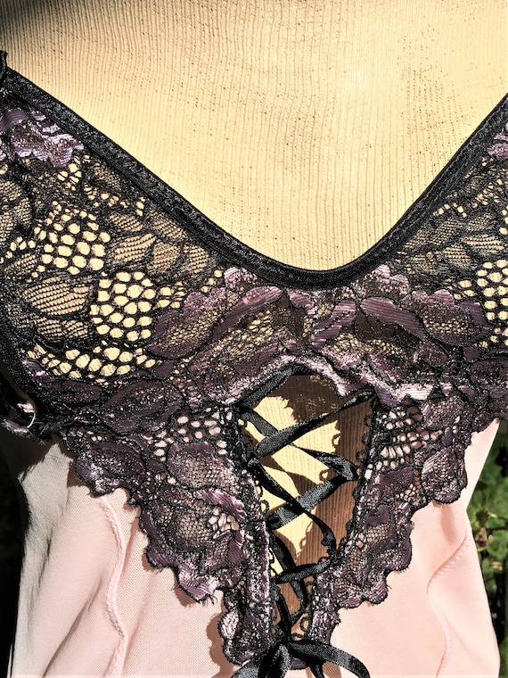 Pink and Black Lace Teddy. Pink Lace Lingerie. Pink Camisole. Size