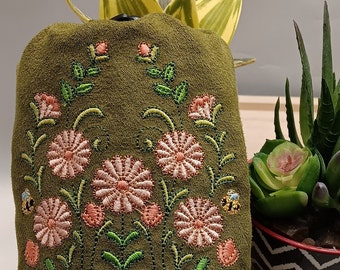 Flowers and Bee Embroidered Drawstring Bag