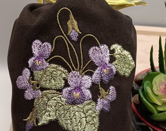 Embroidered Violets Drawstring Microsuede Bag