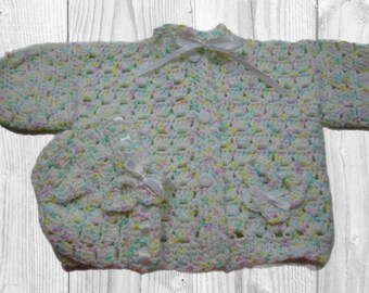 Baby girl cardigan & hat, Easter sweater Set, handmade gift ,Crocheted  baby gift,  2 Piece outfit. Size 3 to 6mos .baby shower gift,