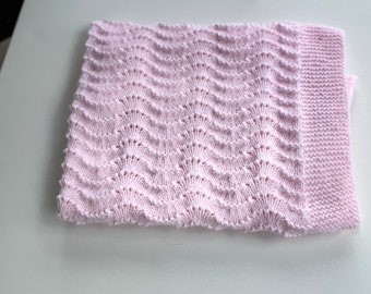 Baby Girl pink hand knitted ripple stitch blanket, stroller cover