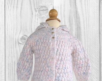 hand knitted hooded sweater, baby shower gift, size 9-12 mos.