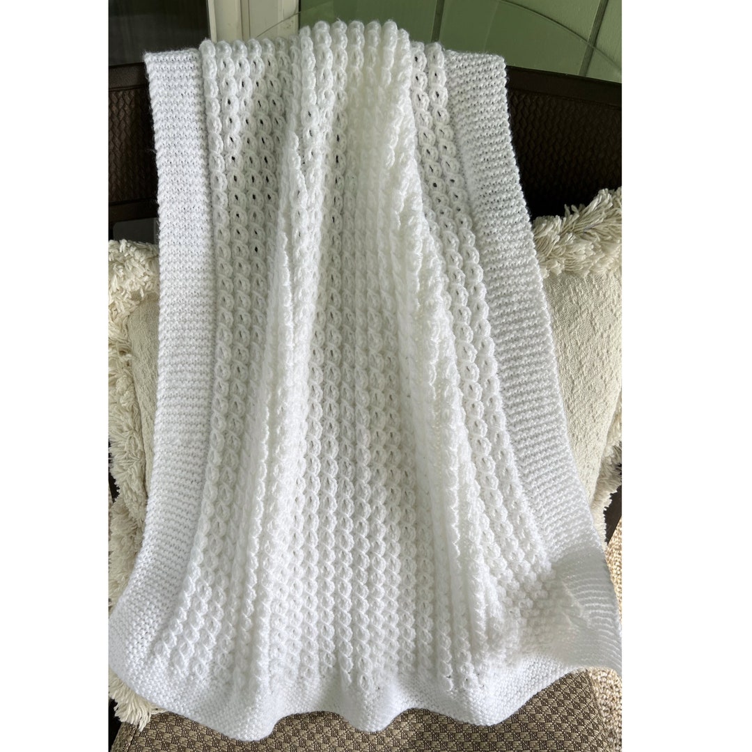 White Hand Knitted Baby Afghan, Size 32x38 throw, Baby to Toddler Blanket, Lacy Design Lap