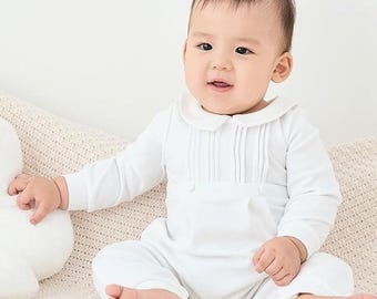 Christening Long Sleeve Infant Fine Jersey Bodysuit, Baptism One-Piece Outfit for Boys - Soft Cotton Romper for Baby, Special Occasion