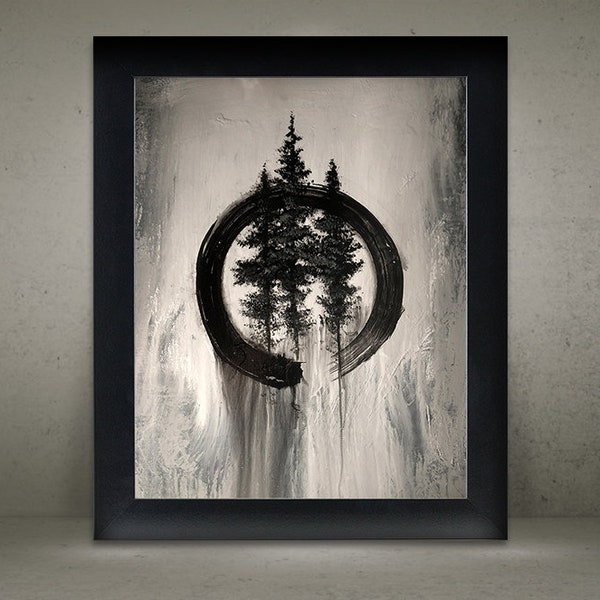 Zen Circle and Pine Trees Art Print - Enso Circle - Zen Brush Painting - Instant Download Printable File