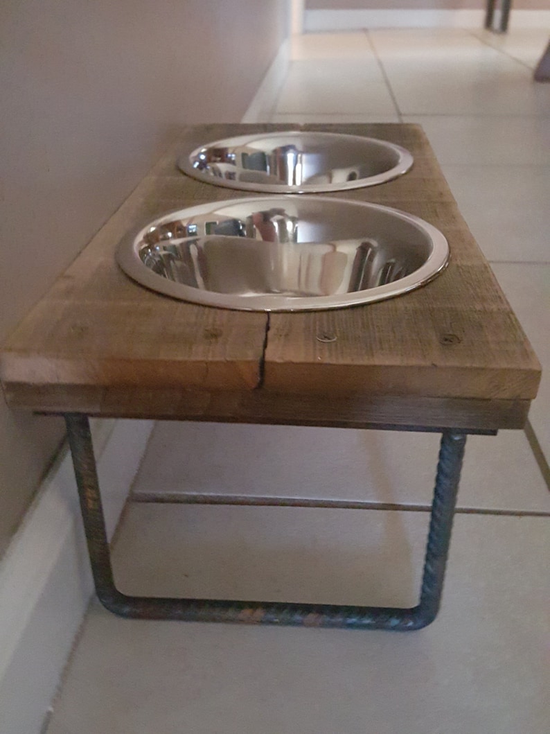 Dog or Cat food bowl Elevated Reclaimed wood with steel legs
