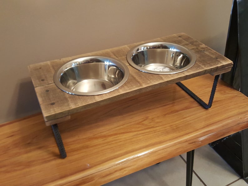 Dog or Cat food bowl Elevated Reclaimed wood with steel legs