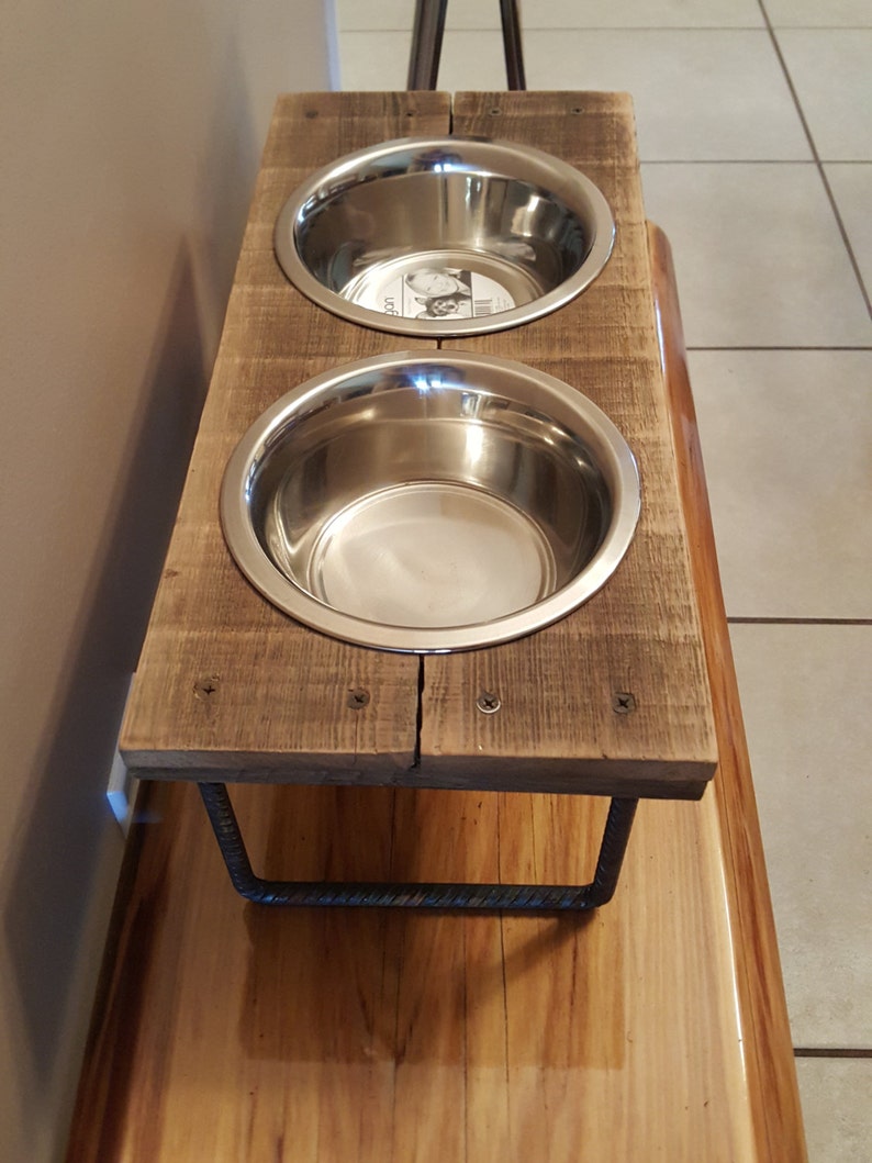 Dog or Cat food bowl Elevated Reclaimed wood with steel legs
