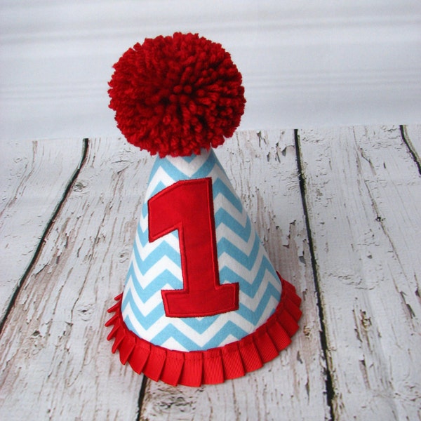 1st birthday hat, boys 1st birthday hat, 1st birthday, red and blue birthday hat, blue birthday hat, chevron birthday hat, party hat