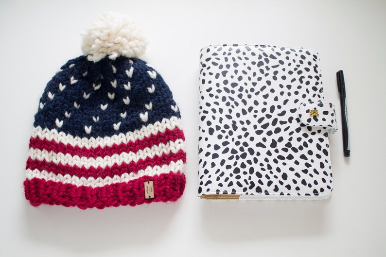 Stars and Stripes USA Beanie Knit Chunky Slouchy Ski Hat with Pom Pom The Easton Cranberry Fisherman Navy