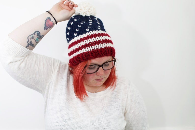 Stars and Stripes USA Beanie Knit Chunky Slouchy Ski Hat with Pom Pom The Easton Cranberry Fisherman Navy