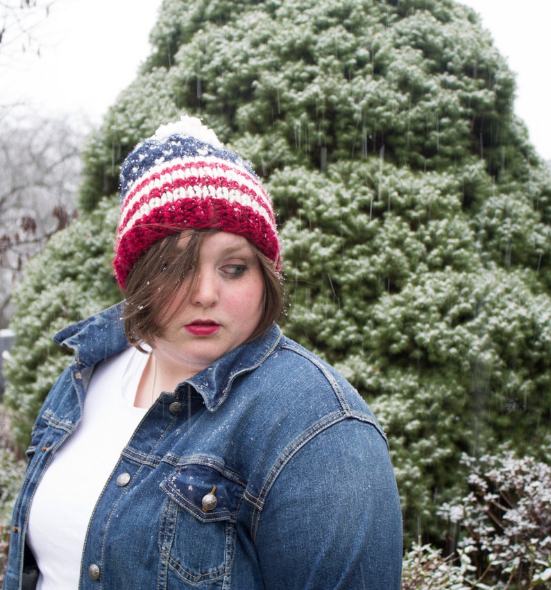 Stars and Stripes USA Beanie Knit Chunky Slouchy Ski Hat with Pom Pom The Easton Cranberry Fisherman Navy