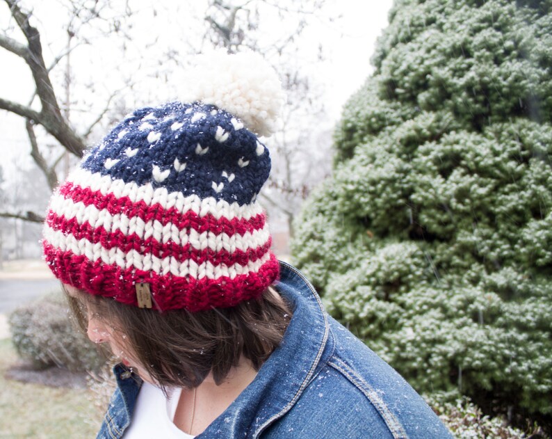 Stars and Stripes USA Beanie Knit Chunky Slouchy Ski Hat with Pom Pom The Easton Cranberry Fisherman Navy