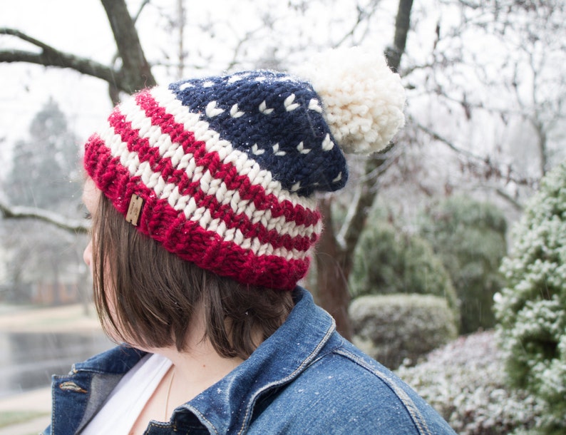 Stars and Stripes USA Beanie Knit Chunky Slouchy Ski Hat with Pom Pom The Easton Cranberry Fisherman Navy