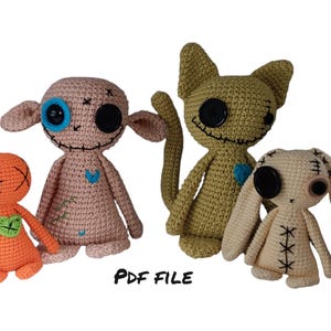 May include: Four crocheted plush toys with stitched-on eyes and mouths. The toys are a light brown, orange, green, and beige. The toys are all standing on a white background.  PDF FILE