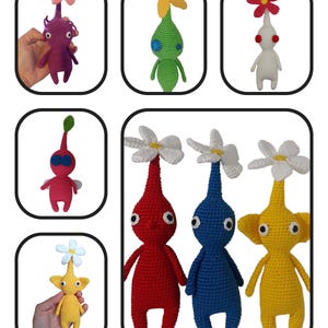 May include: Five crocheted plushies of the character 'Ness' from the video game 'Earthbound'. The plushies are all different colors: purple, green, white, red, blue, and yellow. Each plushie has a white flower on top of its head.