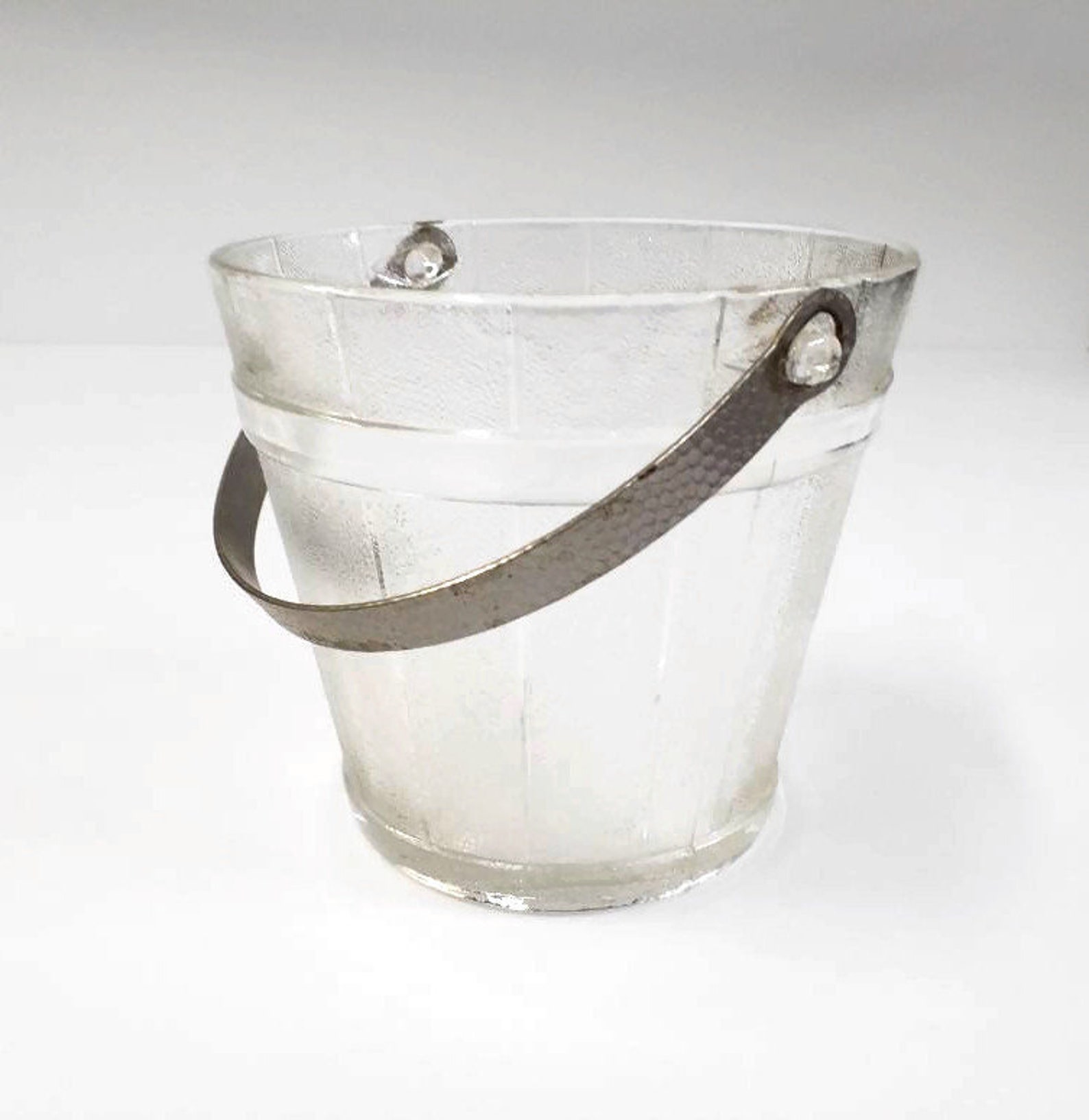 Frosted Glass Ice Bucket Barrel Design Hammered Metal Handle Etsy