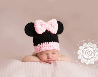 Miss Mouse Inspired Beanie Crochet Pattern Todder-Adult, inspired hat, photography prop