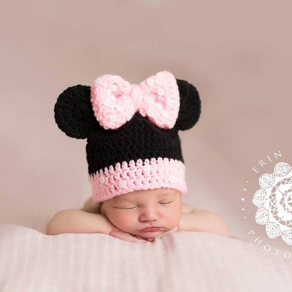 Miss Mouse Inspired Beanie Crochet Pattern Todder-Adult, inspired hat, photography prop
