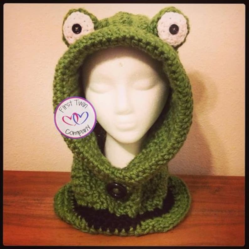 Frog Hooded Cowl Crochet Pattern, Sizes 12M-Adult. Hooded cowl pattern, frog scarf, kids hooded scarf, frog image 1