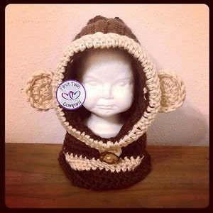 Monkey Hooded Cowl Crochet Pattern, Sizes 12M-Adult.  Hooded cowl pattern, monkey scarf, kids hooded scarf, monkey