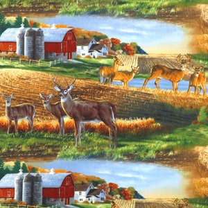 May include: A colorful painting of a rural scene with red barns, green fields, and a group of deer. The deer are standing in a field of tall grass, with a blue sky and white clouds in the background.