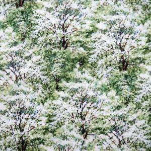 May include: A seamless pattern featuring a repeating design of white-blooming trees with green leaves against a light green background.