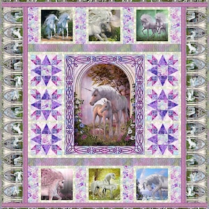 May include: A fantasy-themed quilt featuring multiple images of unicorns in various poses. The quilt has a lavender and white color scheme with images of unicorns in a forest setting. The border has a repeating pattern of unicorns and architectural elements.